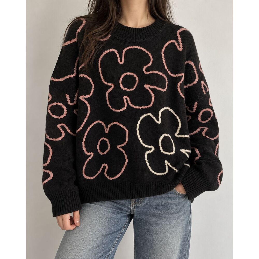 Black Floral Oversized Knit Sweater